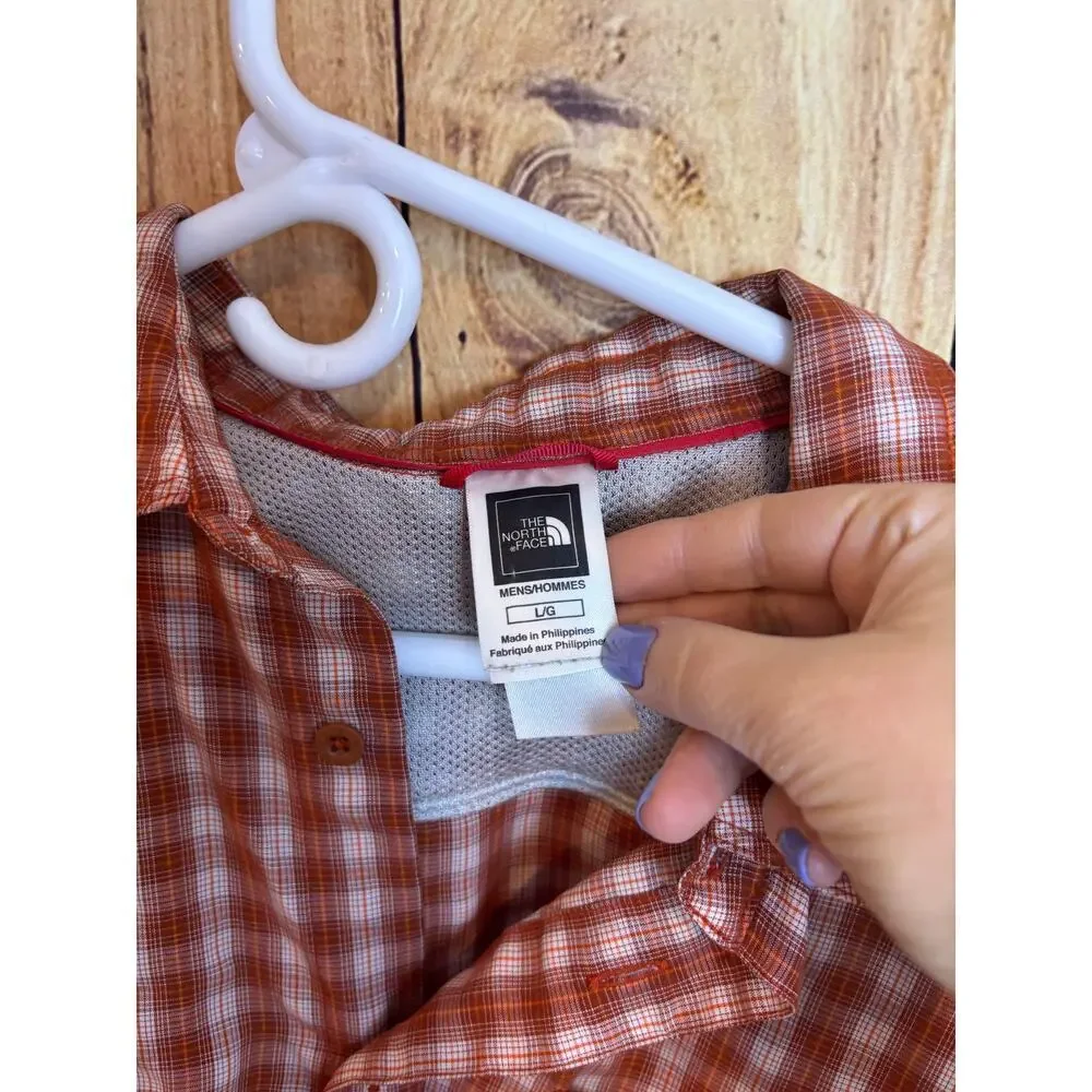 The North Face Orange Plaid Button Down Short Sleeved Polo Shirt Men's Size L